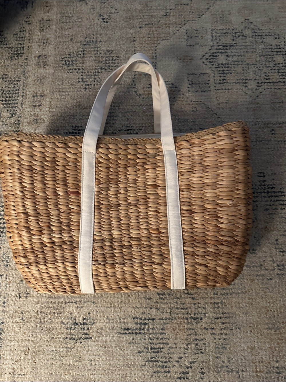 Natural Woven Straw Tote Bag with Cream Handles
